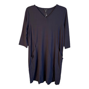 NWT Eileen Fisher A-line V-Neck Gray Stretch‎ Jersey Knit Dress Pockets Medium